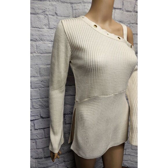 VENUS S IVORY CREAM COLD SHOULDER RIBBED KNIT GTOMMET TUNIC SIDE SLIT SWEATER TO - Picture 2 of 15